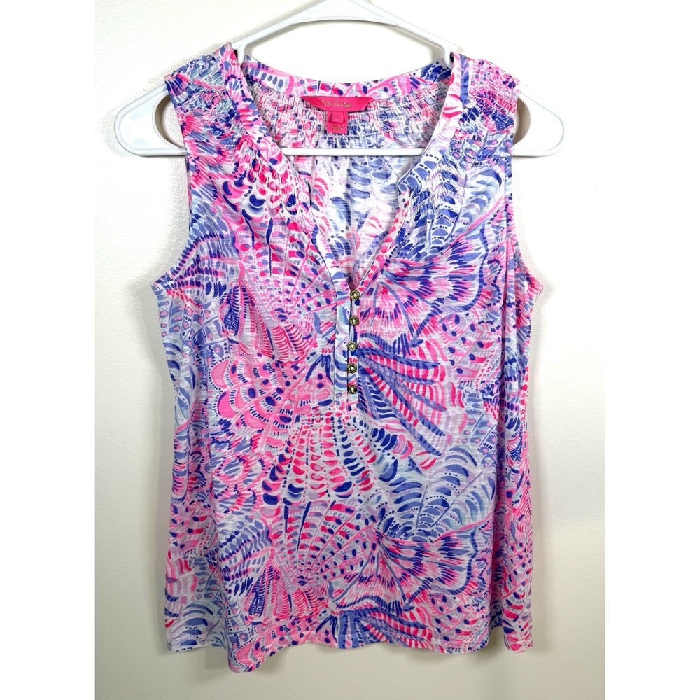 lilly pulitzer essie tank top Sleeveless Size Small Pink Blue Cotton Beach Shirt